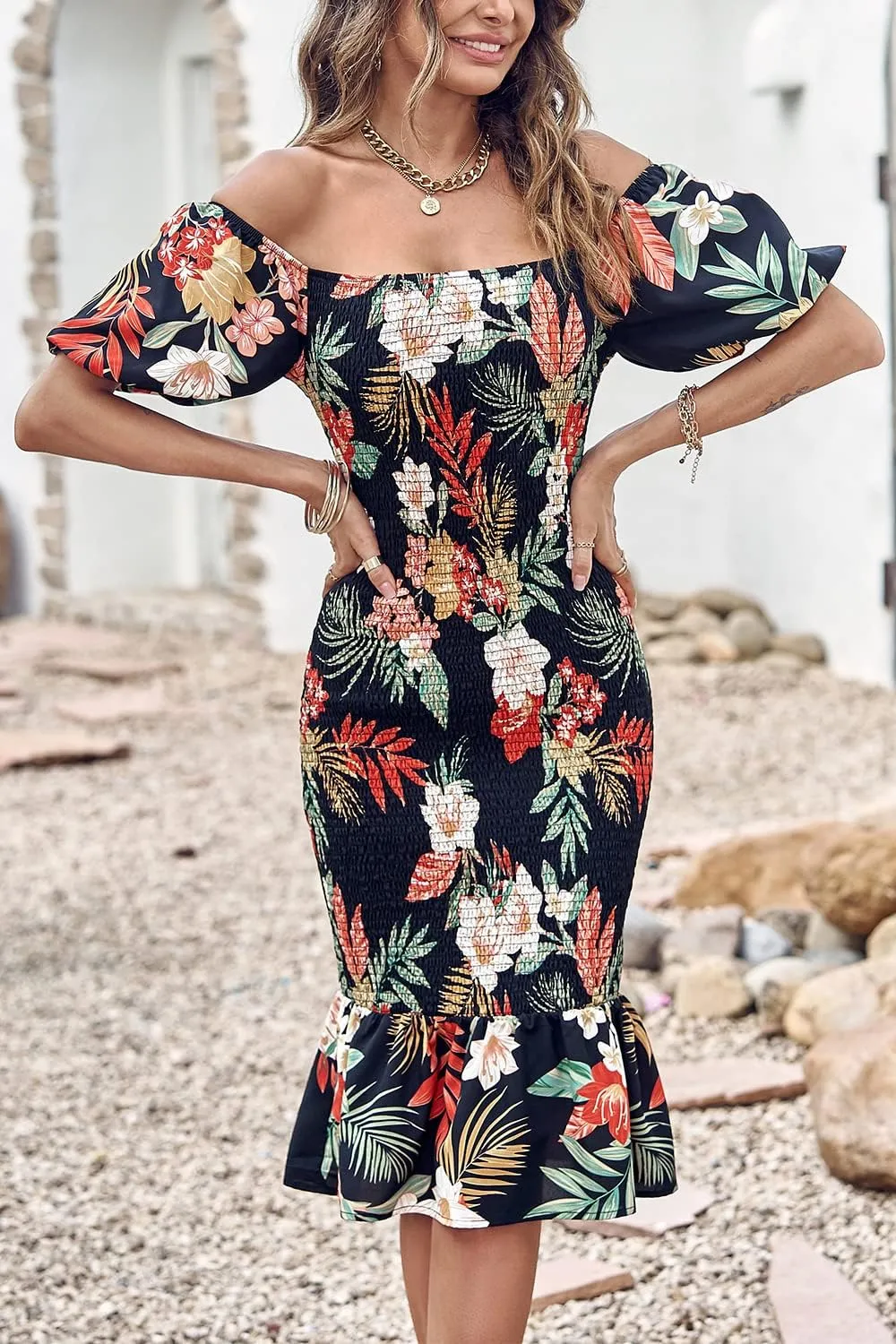 PRETTYGARDEN Summer Floral Bodycon Midi Dresses 2025 Puff Sleeve Mermaid Cocktail Baby Shower Photoshoot Maternity Dress