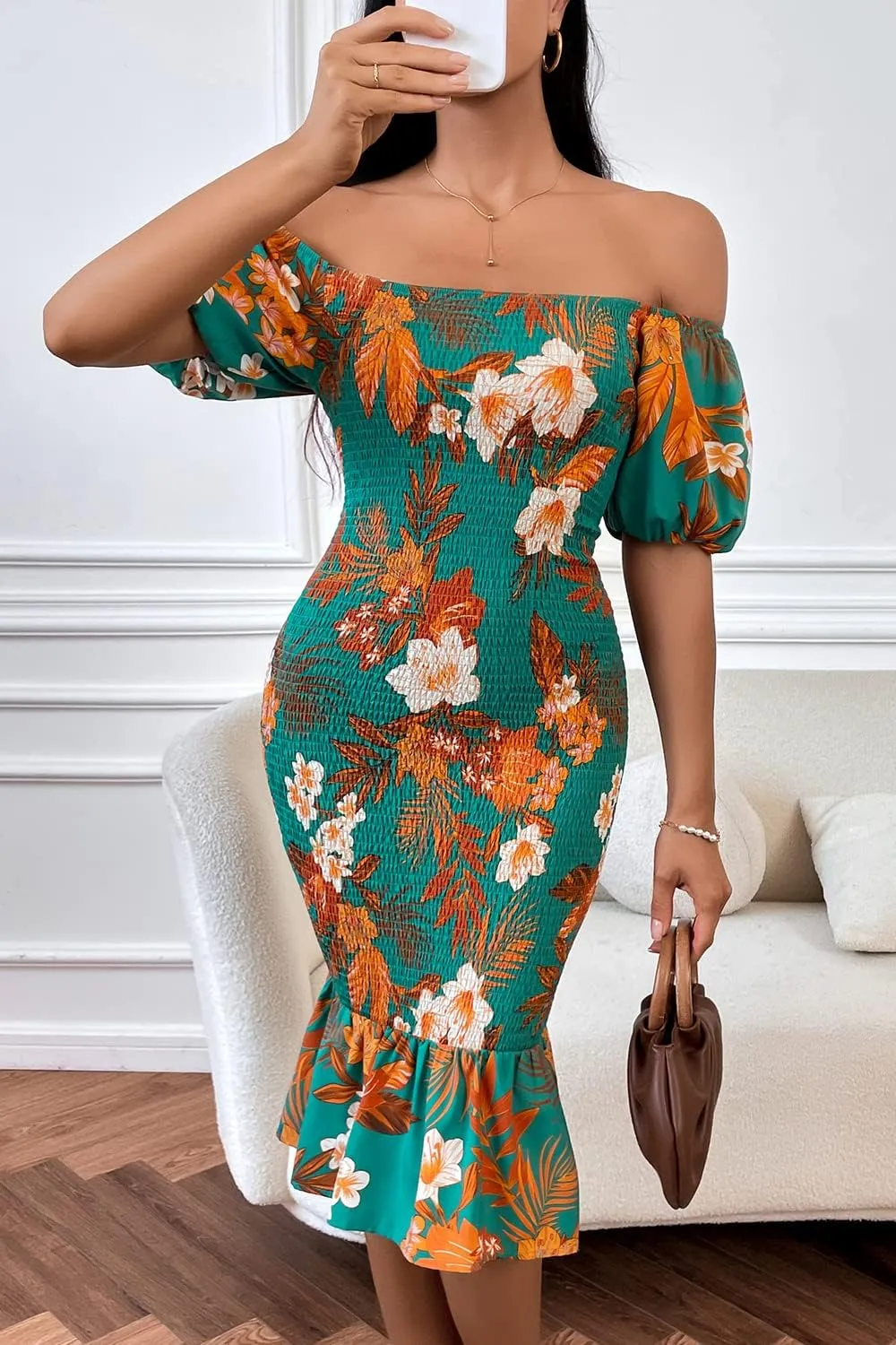PRETTYGARDEN Summer Floral Bodycon Midi Dresses 2025 Puff Sleeve Mermaid Cocktail Baby Shower Photoshoot Maternity Dress