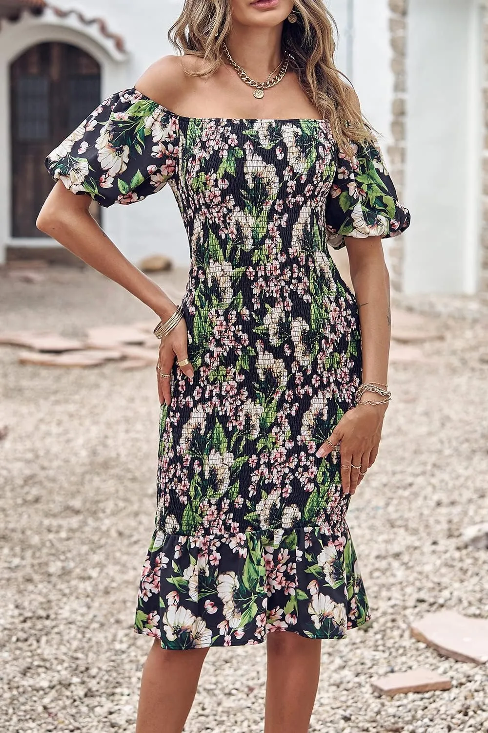 PRETTYGARDEN Summer Floral Bodycon Midi Dresses 2025 Puff Sleeve Mermaid Cocktail Baby Shower Photoshoot Maternity Dress