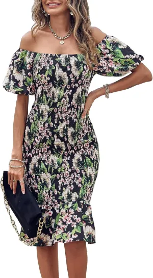 PRETTYGARDEN Summer Floral Bodycon Midi Dresses 2025 Puff Sleeve Mermaid Cocktail Baby Shower Photoshoot Maternity Dress