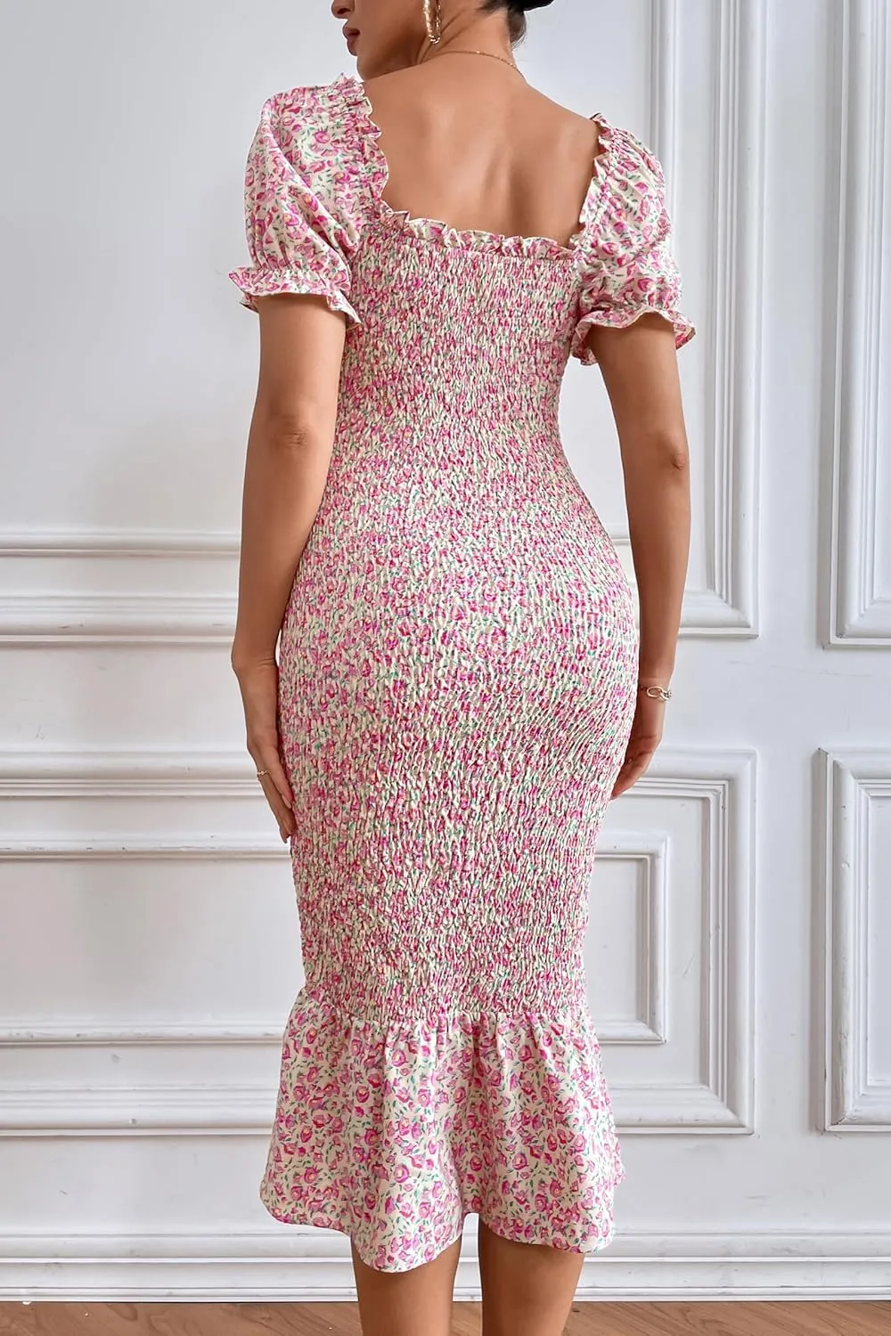 PRETTYGARDEN Summer Floral Bodycon Midi Dresses 2025 Puff Sleeve Mermaid Cocktail Baby Shower Photoshoot Maternity Dress