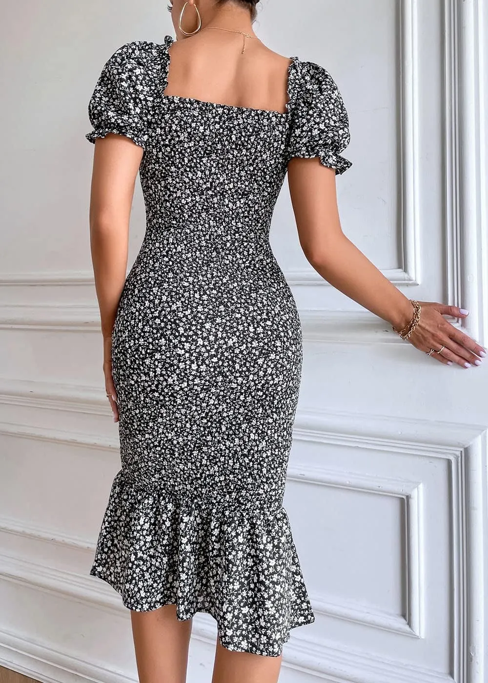 PRETTYGARDEN Summer Floral Bodycon Midi Dresses 2025 Puff Sleeve Mermaid Cocktail Baby Shower Photoshoot Maternity Dress