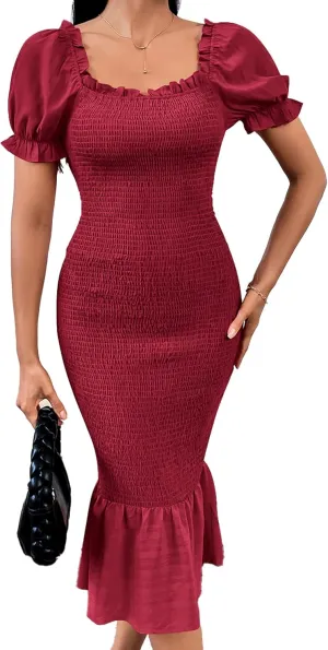 PRETTYGARDEN Summer Floral Bodycon Midi Dresses 2025 Puff Sleeve Mermaid Cocktail Baby Shower Photoshoot Maternity Dress