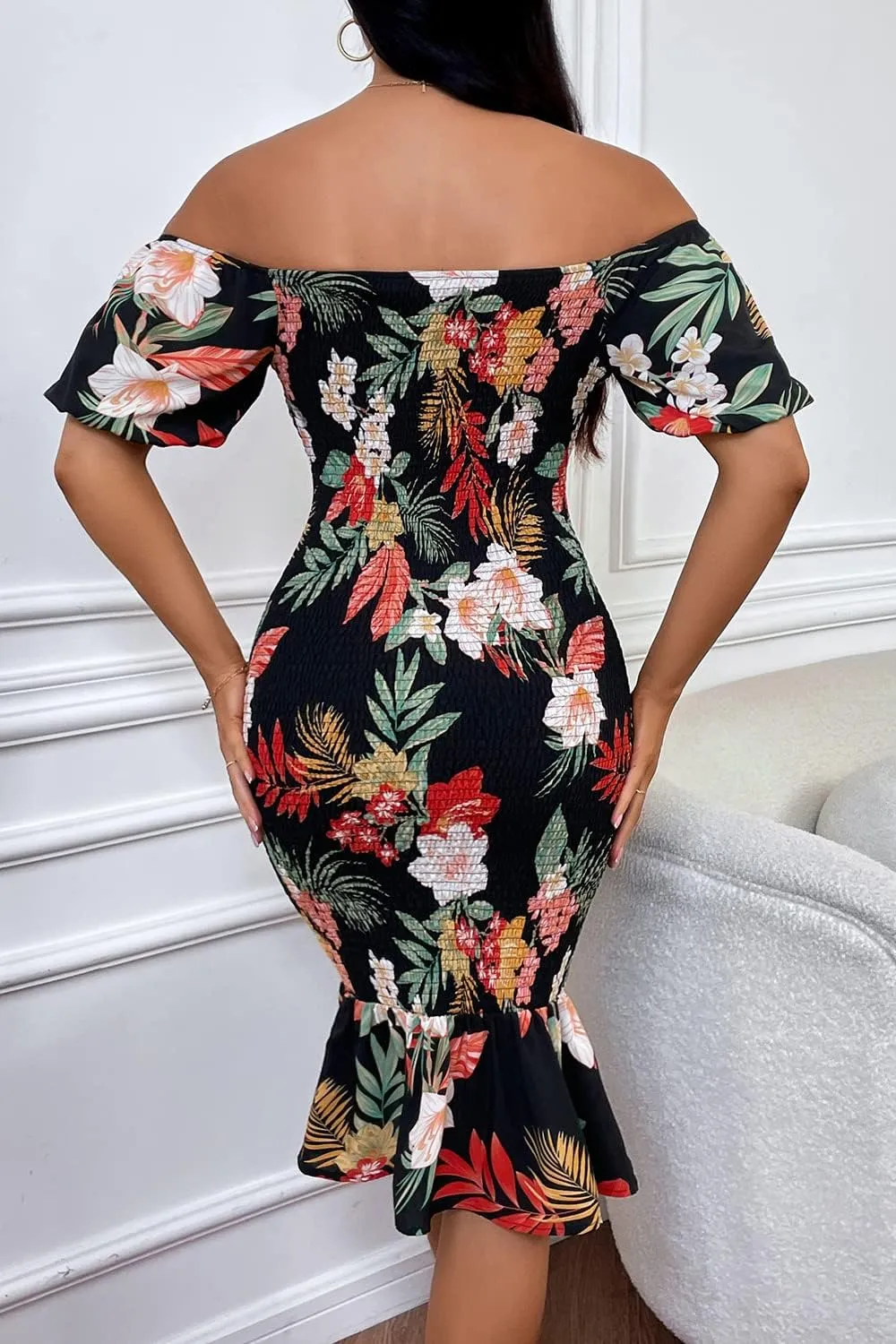 PRETTYGARDEN Summer Floral Bodycon Midi Dresses 2025 Puff Sleeve Mermaid Cocktail Baby Shower Photoshoot Maternity Dress