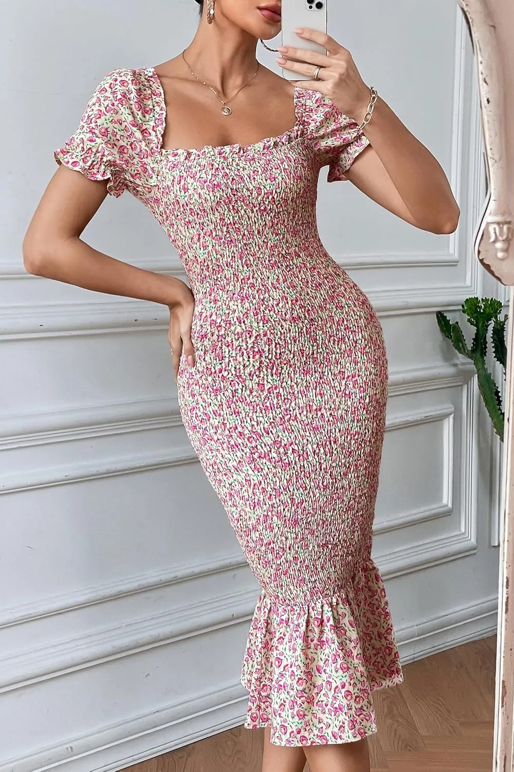 PRETTYGARDEN Summer Floral Bodycon Midi Dresses 2025 Puff Sleeve Mermaid Cocktail Baby Shower Photoshoot Maternity Dress