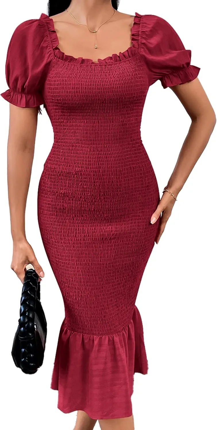 PRETTYGARDEN Summer Floral Bodycon Midi Dresses 2025 Puff Sleeve Mermaid Cocktail Baby Shower Photoshoot Maternity Dress