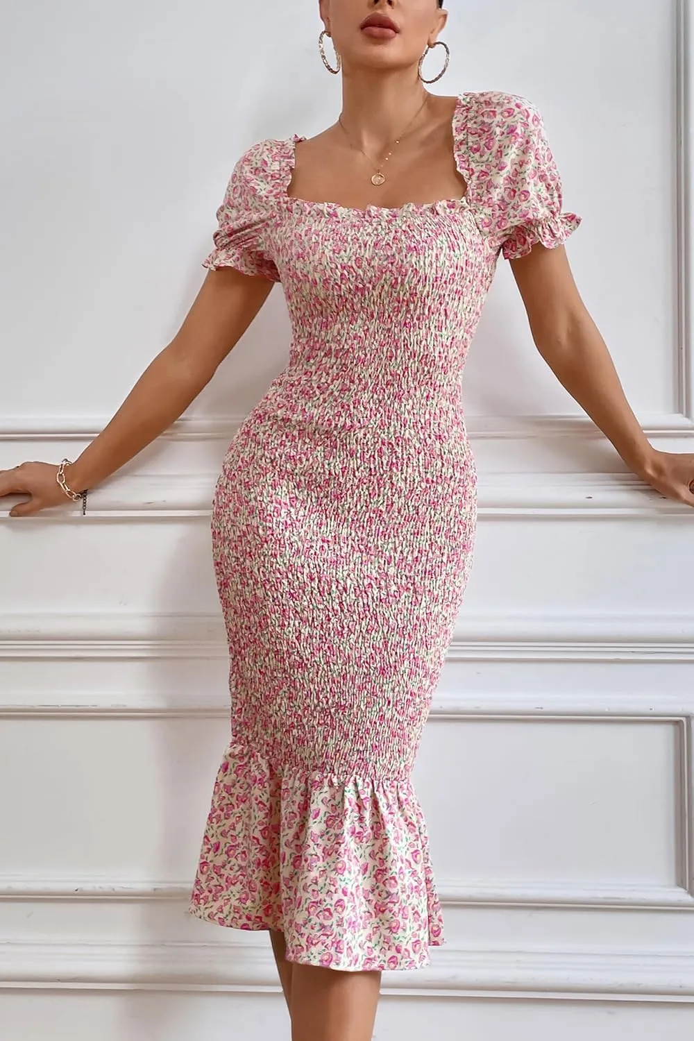 PRETTYGARDEN Summer Floral Bodycon Midi Dresses 2025 Puff Sleeve Mermaid Cocktail Baby Shower Photoshoot Maternity Dress