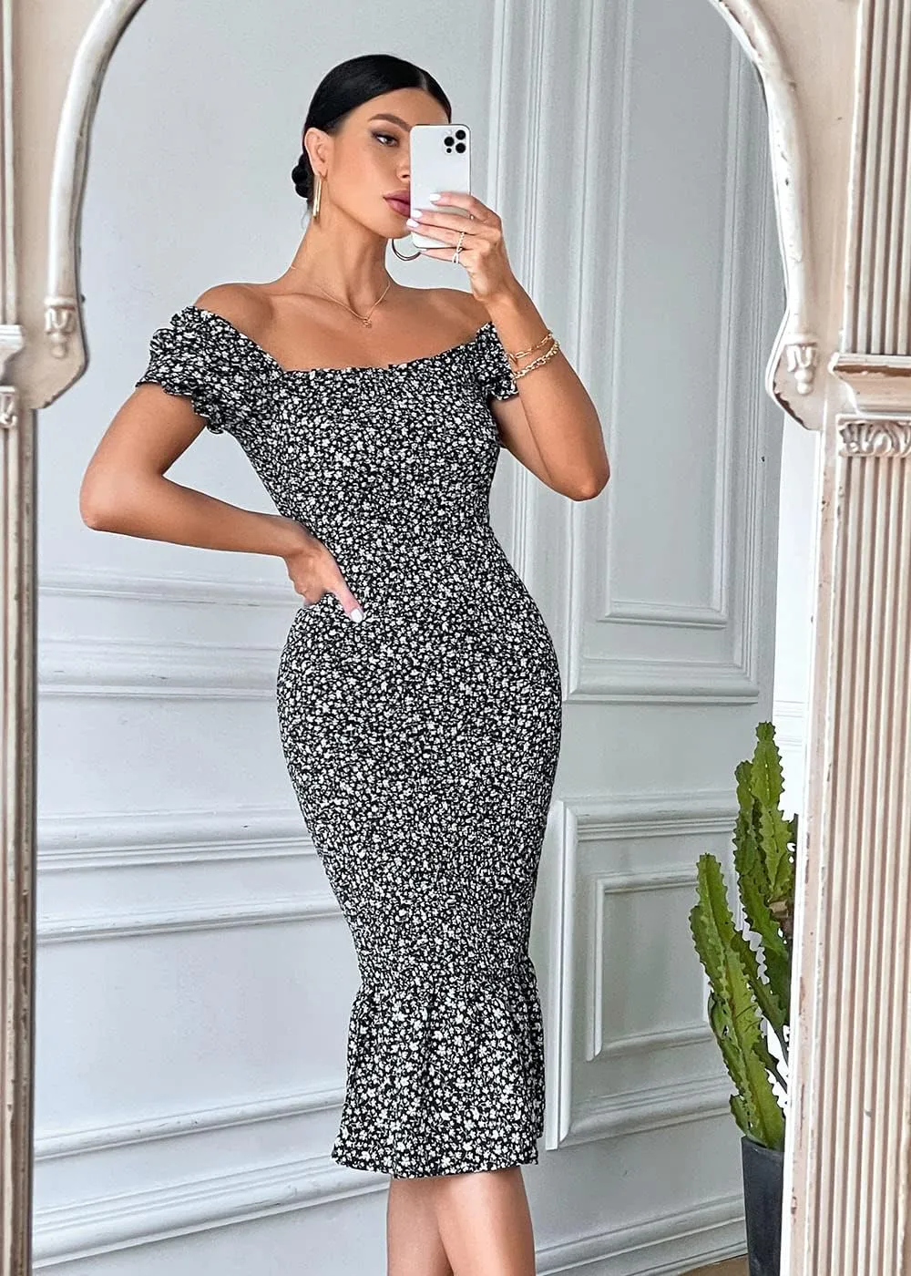 PRETTYGARDEN Summer Floral Bodycon Midi Dresses 2025 Puff Sleeve Mermaid Cocktail Baby Shower Photoshoot Maternity Dress