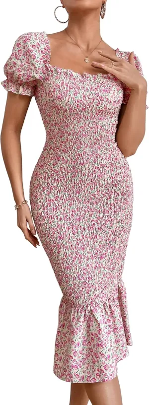 PRETTYGARDEN Summer Floral Bodycon Midi Dresses 2025 Puff Sleeve Mermaid Cocktail Baby Shower Photoshoot Maternity Dress