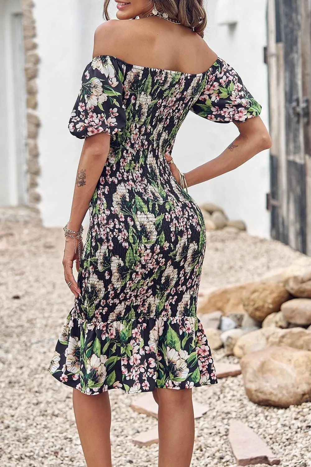PRETTYGARDEN Summer Floral Bodycon Midi Dresses 2025 Puff Sleeve Mermaid Cocktail Baby Shower Photoshoot Maternity Dress