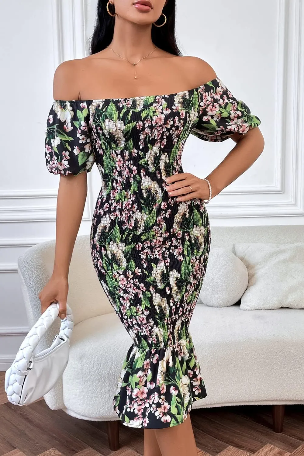 PRETTYGARDEN Summer Floral Bodycon Midi Dresses 2025 Puff Sleeve Mermaid Cocktail Baby Shower Photoshoot Maternity Dress