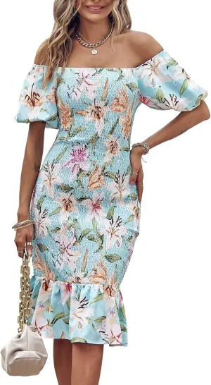 PRETTYGARDEN Summer Floral Bodycon Midi Dresses 2025 Puff Sleeve Mermaid Cocktail Baby Shower Photoshoot Maternity Dress