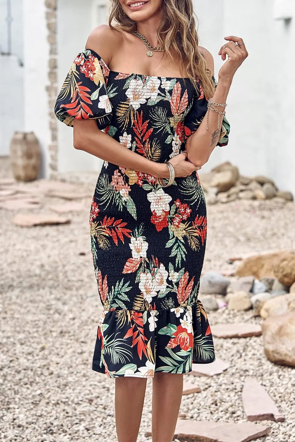 PRETTYGARDEN Summer Floral Bodycon Midi Dresses 2025 Puff Sleeve Mermaid Cocktail Baby Shower Photoshoot Maternity Dress