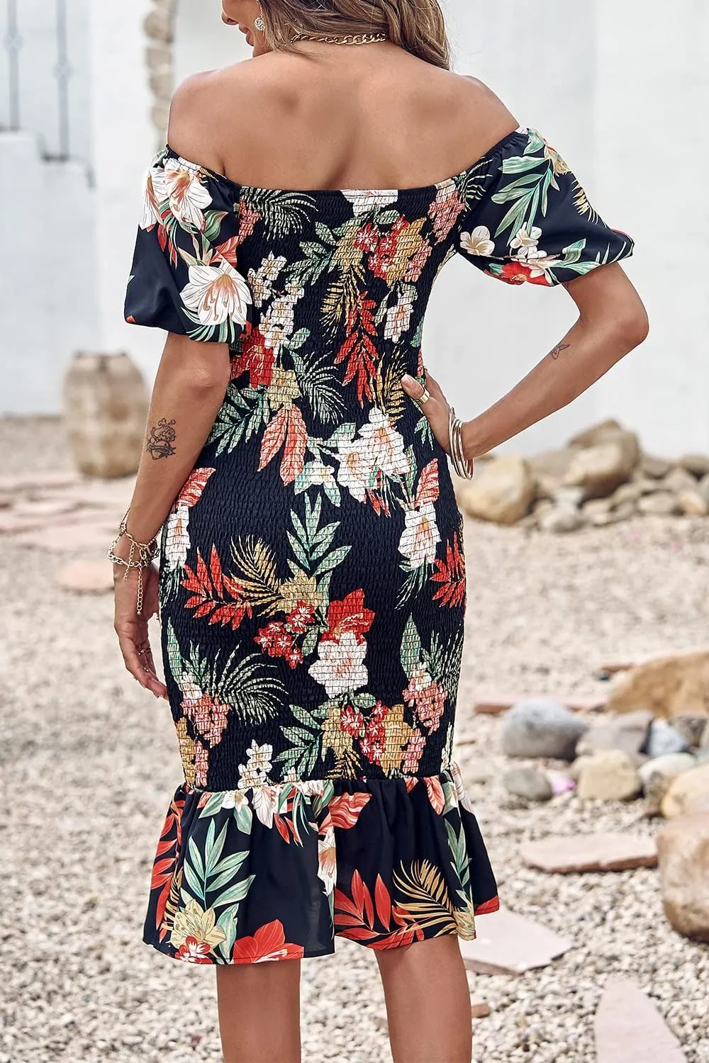 PRETTYGARDEN Summer Floral Bodycon Midi Dresses 2025 Puff Sleeve Mermaid Cocktail Baby Shower Photoshoot Maternity Dress