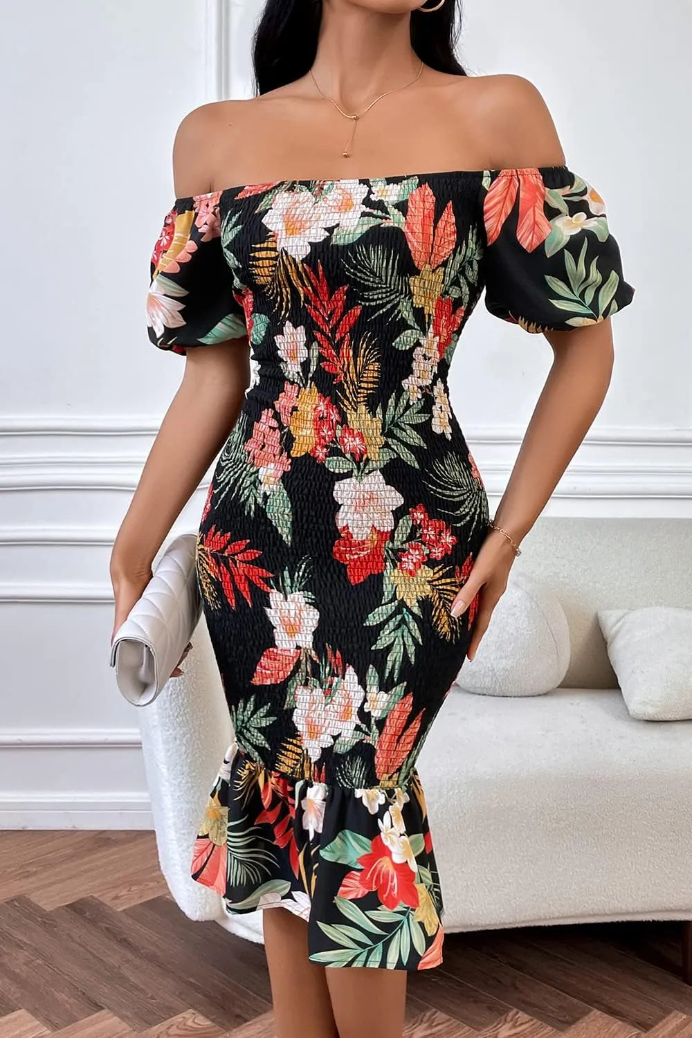 PRETTYGARDEN Summer Floral Bodycon Midi Dresses 2025 Puff Sleeve Mermaid Cocktail Baby Shower Photoshoot Maternity Dress