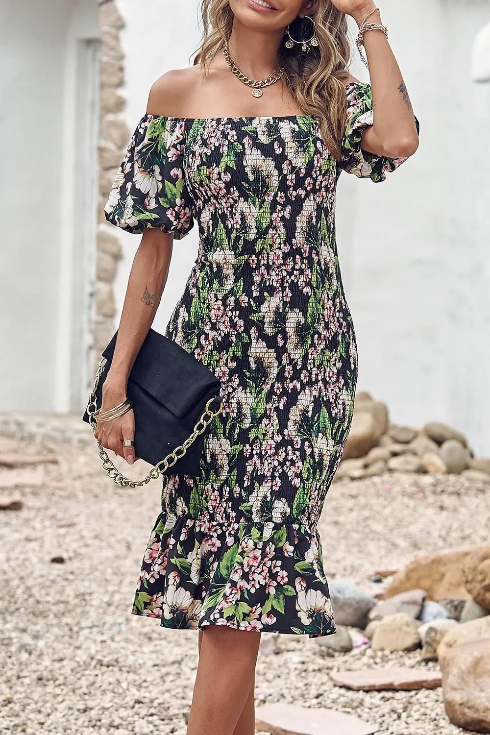 PRETTYGARDEN Summer Floral Bodycon Midi Dresses 2025 Puff Sleeve Mermaid Cocktail Baby Shower Photoshoot Maternity Dress