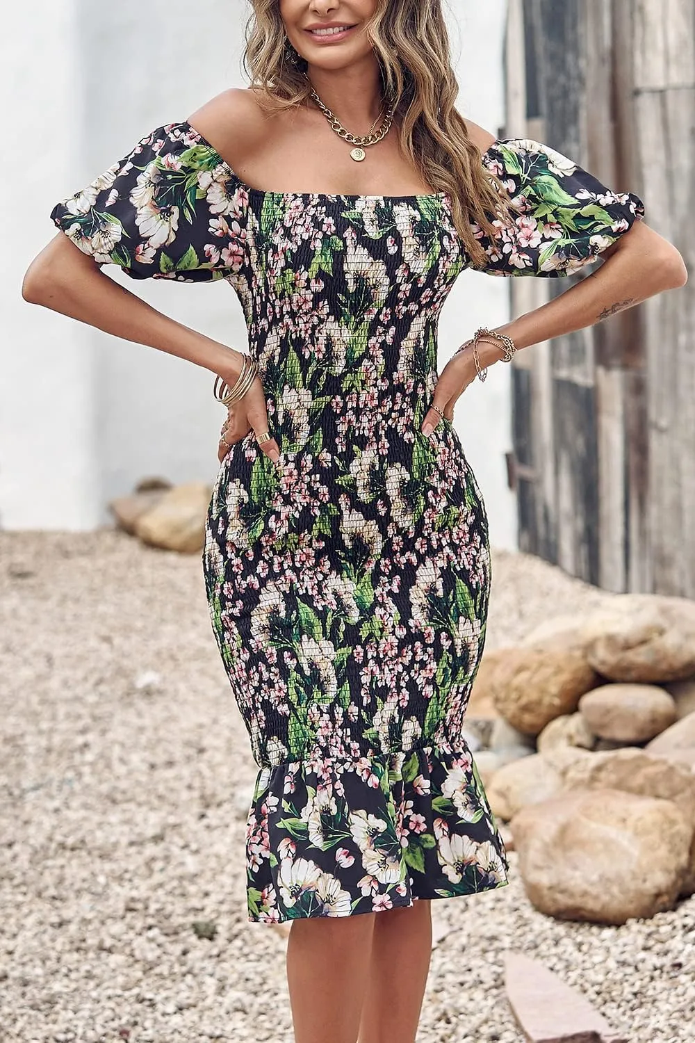 PRETTYGARDEN Summer Floral Bodycon Midi Dresses 2025 Puff Sleeve Mermaid Cocktail Baby Shower Photoshoot Maternity Dress
