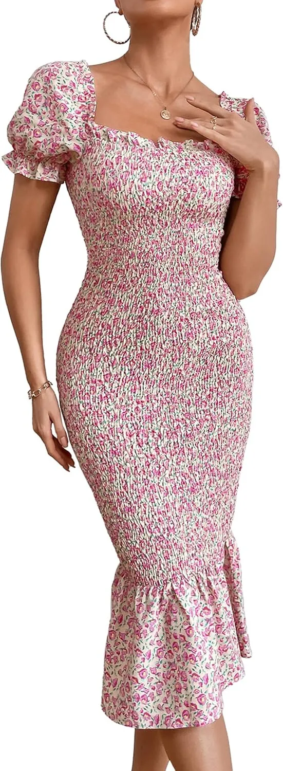 PRETTYGARDEN Summer Floral Bodycon Midi Dresses 2025 Puff Sleeve Mermaid Cocktail Baby Shower Photoshoot Maternity Dress