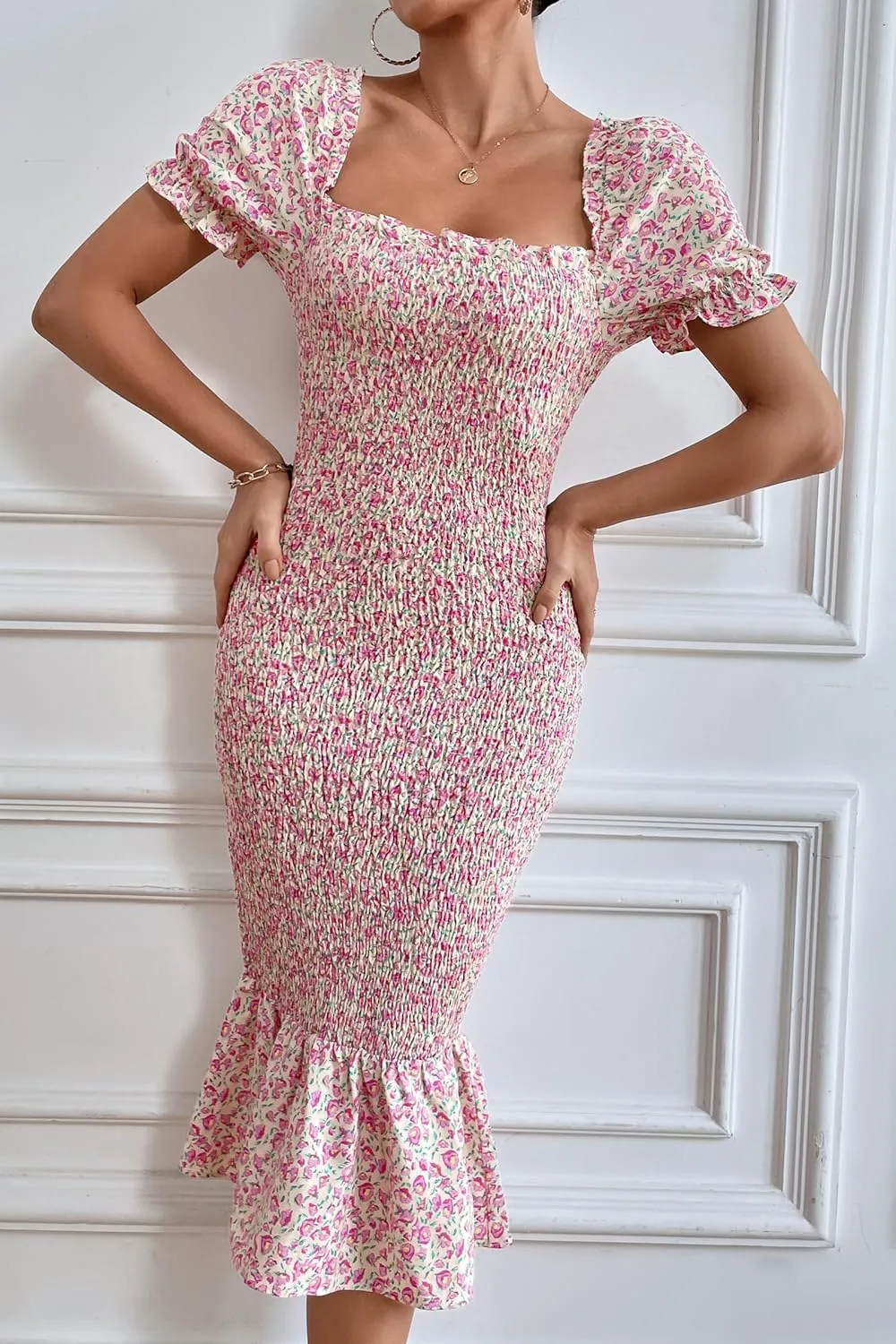 PRETTYGARDEN Summer Floral Bodycon Midi Dresses 2025 Puff Sleeve Mermaid Cocktail Baby Shower Photoshoot Maternity Dress