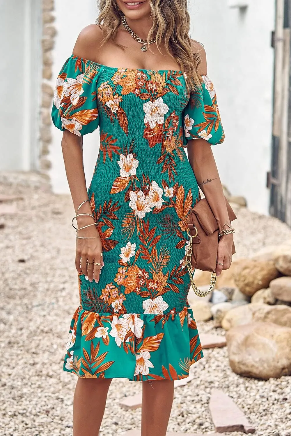 PRETTYGARDEN Summer Floral Bodycon Midi Dresses 2025 Puff Sleeve Mermaid Cocktail Baby Shower Photoshoot Maternity Dress