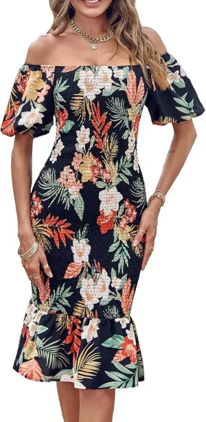 PRETTYGARDEN Summer Floral Bodycon Midi Dresses 2025 Puff Sleeve Mermaid Cocktail Baby Shower Photoshoot Maternity Dress