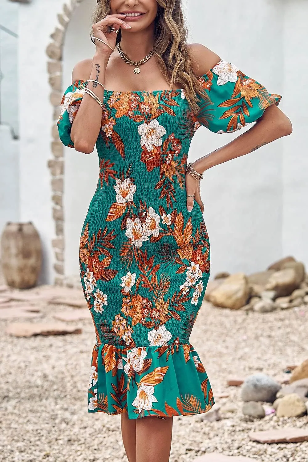PRETTYGARDEN Summer Floral Bodycon Midi Dresses 2025 Puff Sleeve Mermaid Cocktail Baby Shower Photoshoot Maternity Dress