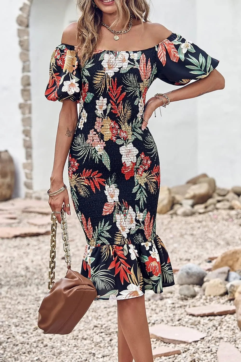 PRETTYGARDEN Summer Floral Bodycon Midi Dresses 2025 Puff Sleeve Mermaid Cocktail Baby Shower Photoshoot Maternity Dress