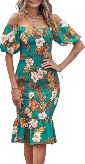 PRETTYGARDEN Summer Floral Bodycon Midi Dresses 2025 Puff Sleeve Mermaid Cocktail Baby Shower Photoshoot Maternity Dress