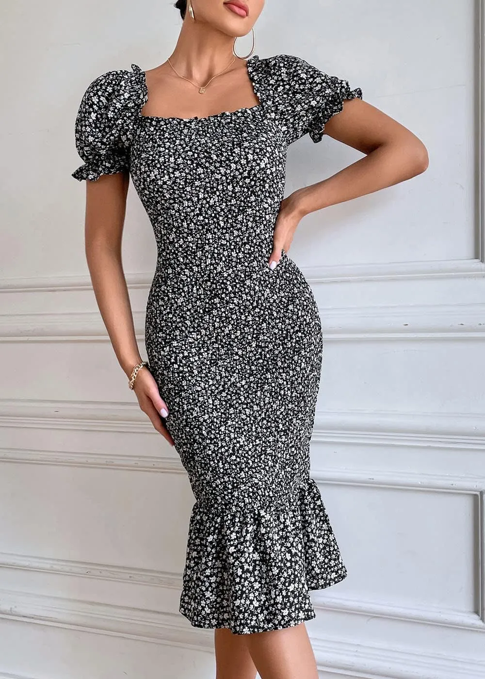PRETTYGARDEN Summer Floral Bodycon Midi Dresses 2025 Puff Sleeve Mermaid Cocktail Baby Shower Photoshoot Maternity Dress