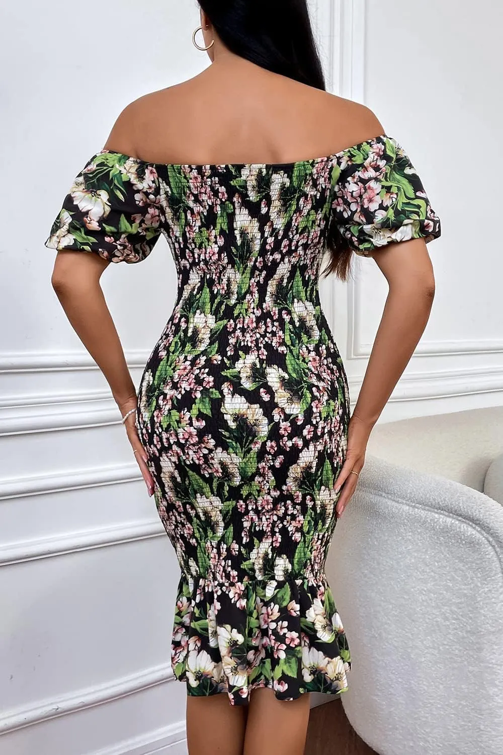 PRETTYGARDEN Summer Floral Bodycon Midi Dresses 2025 Puff Sleeve Mermaid Cocktail Baby Shower Photoshoot Maternity Dress