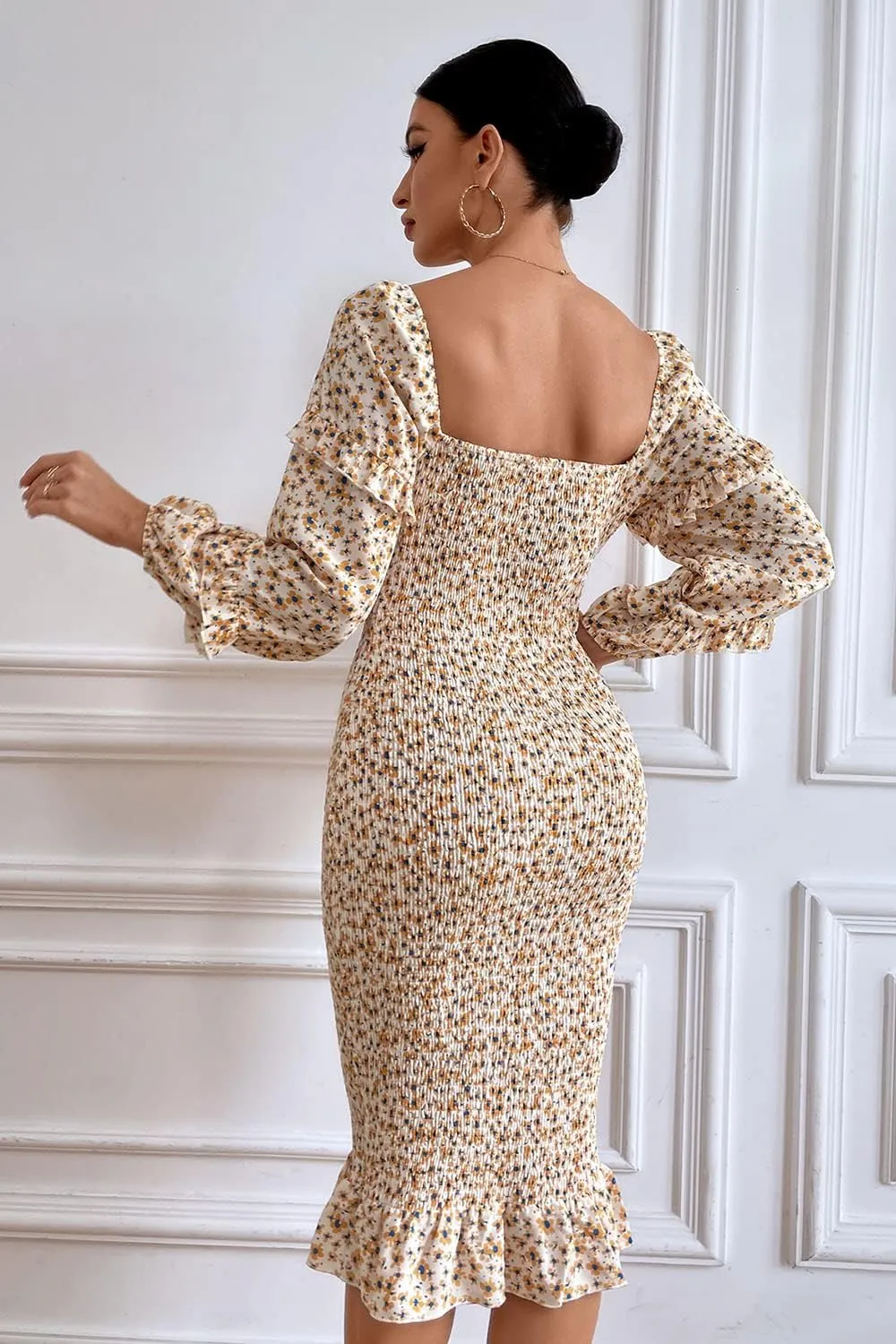 PRETTYGARDEN Women's Long Puff Sleeve Floral Midi Bodycon Dresses Square Neck Ruffle Mermaid Smocked Dress