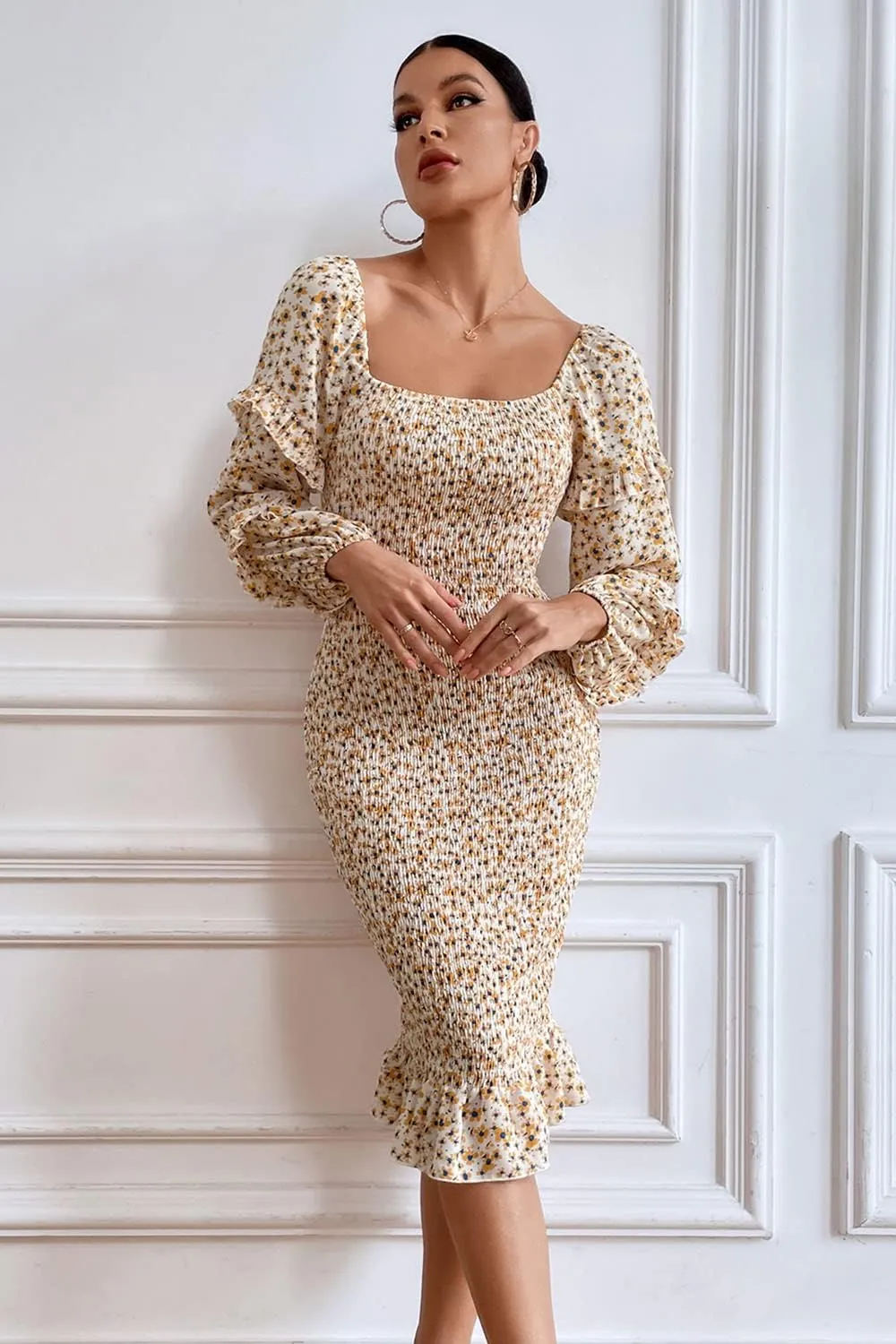 PRETTYGARDEN Women's Long Puff Sleeve Floral Midi Bodycon Dresses Square Neck Ruffle Mermaid Smocked Dress
