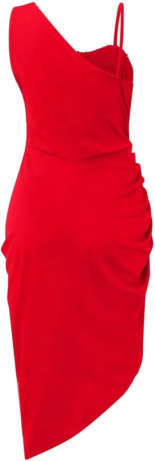 Prom Dresses for Women 2024 Sleeveless One Shoulder High Split Pleated Cocktail Sequin Evening Party Midi Dress