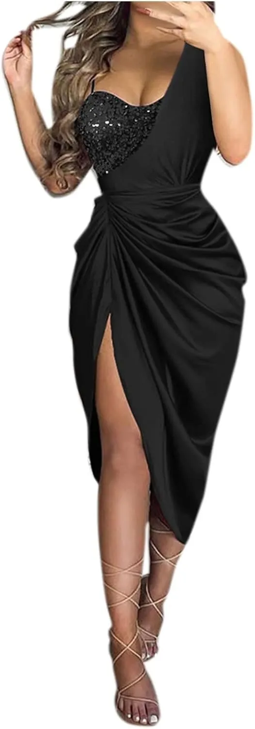 Prom Dresses for Women 2024 Sleeveless One Shoulder High Split Pleated Cocktail Sequin Evening Party Midi Dress