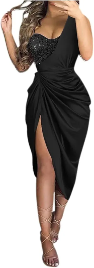Prom Dresses for Women 2024 Sleeveless One Shoulder High Split Pleated Cocktail Sequin Evening Party Midi Dress