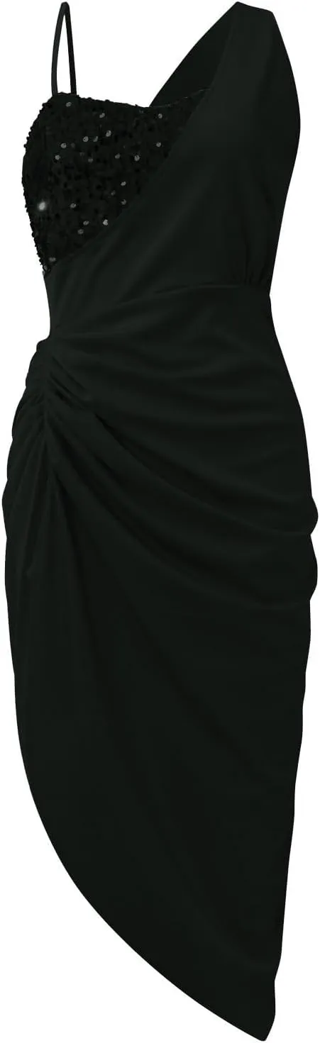 Prom Dresses for Women 2024 Sleeveless One Shoulder High Split Pleated Cocktail Sequin Evening Party Midi Dress