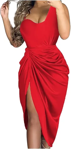Prom Dresses for Women 2024 Sleeveless One Shoulder High Split Pleated Cocktail Sequin Evening Party Midi Dress