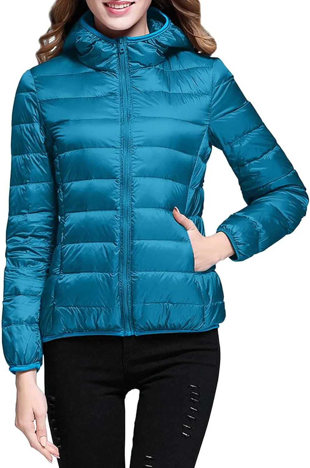Puffer Jacket for Women Lightweight Solid Full Zip Down Jacket Quilted Windproof Outwear Puffer Coat with Pockets