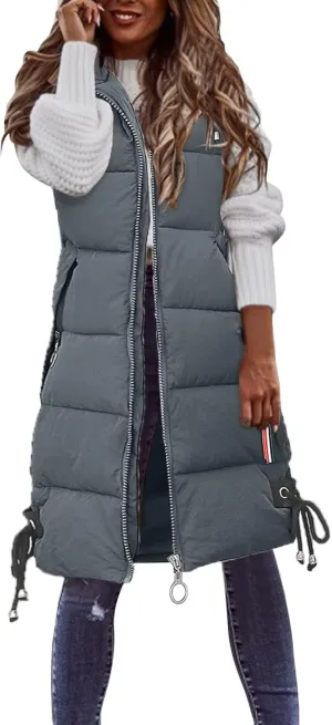 Puffer Vest for Women Long Hooded Sleeveless Vests Outerwear Down Jacket Quilted Full-Zip Winter Coat Outdoor