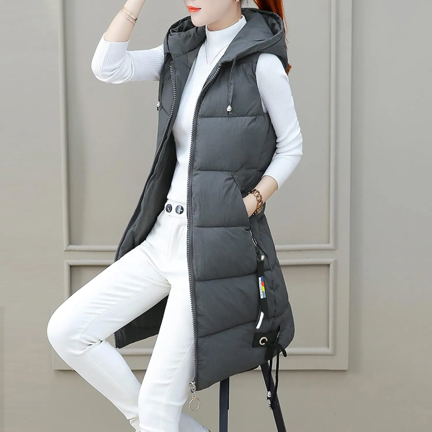 Puffer Vest for Women Long Hooded Sleeveless Vests Outerwear Down Jacket Quilted Full-Zip Winter Coat Outdoor