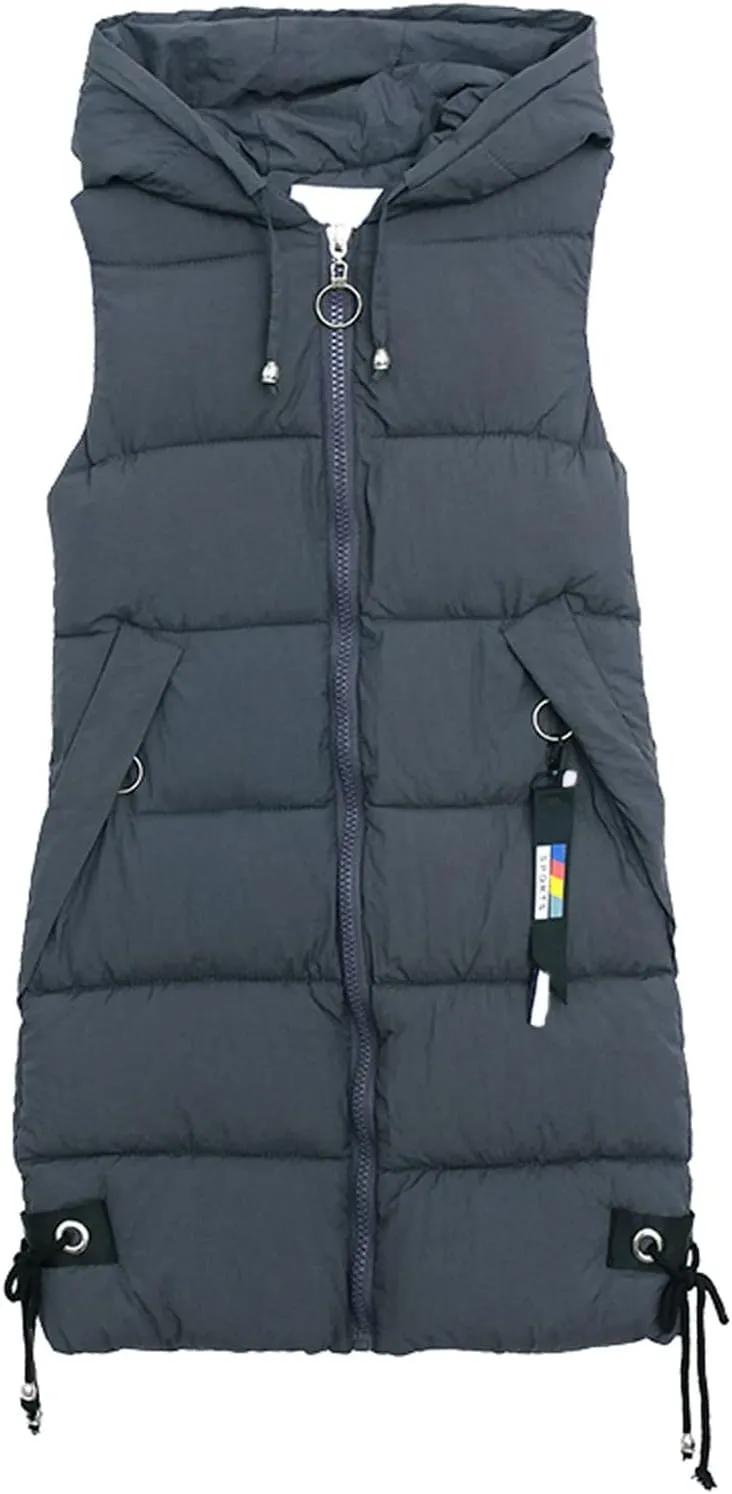 Puffer Vest for Women Long Hooded Sleeveless Vests Outerwear Down Jacket Quilted Full-Zip Winter Coat Outdoor