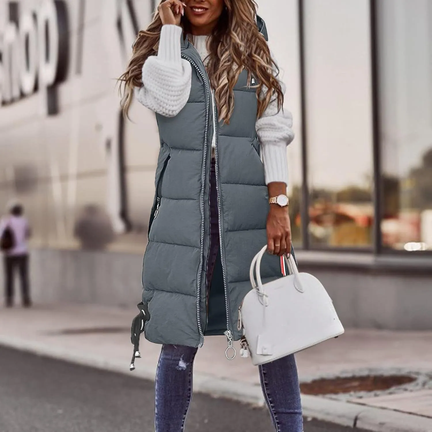 Puffer Vest for Women Long Hooded Sleeveless Vests Outerwear Down Jacket Quilted Full-Zip Winter Coat Outdoor