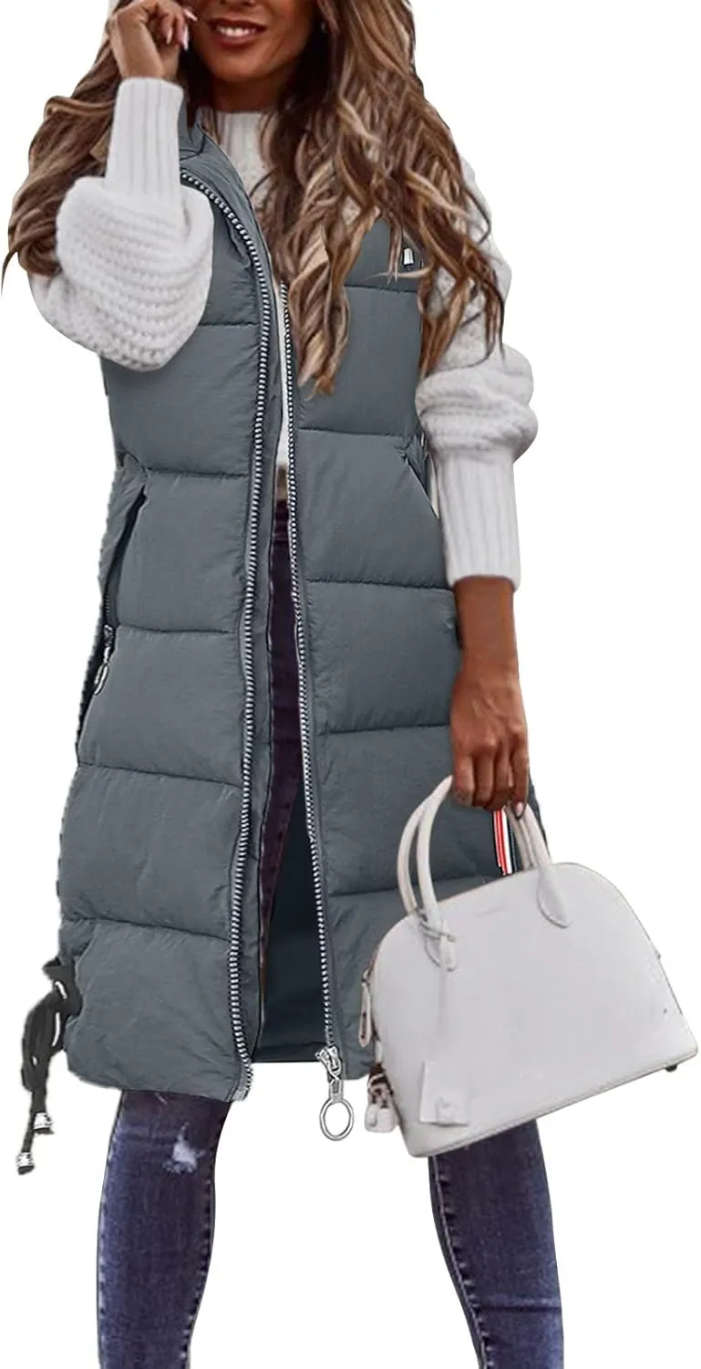 Puffer Vest for Women Long Hooded Sleeveless Vests Outerwear Down Jacket Quilted Full-Zip Winter Coat Outdoor