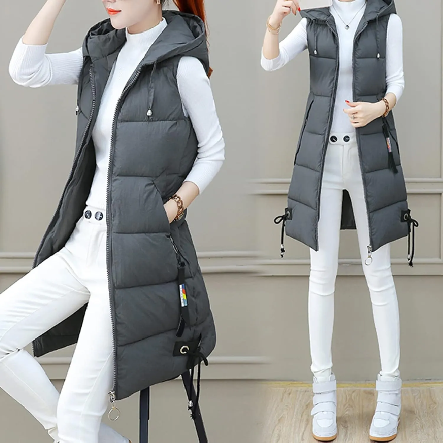 Puffer Vest for Women Long Hooded Sleeveless Vests Outerwear Down Jacket Quilted Full-Zip Winter Coat Outdoor