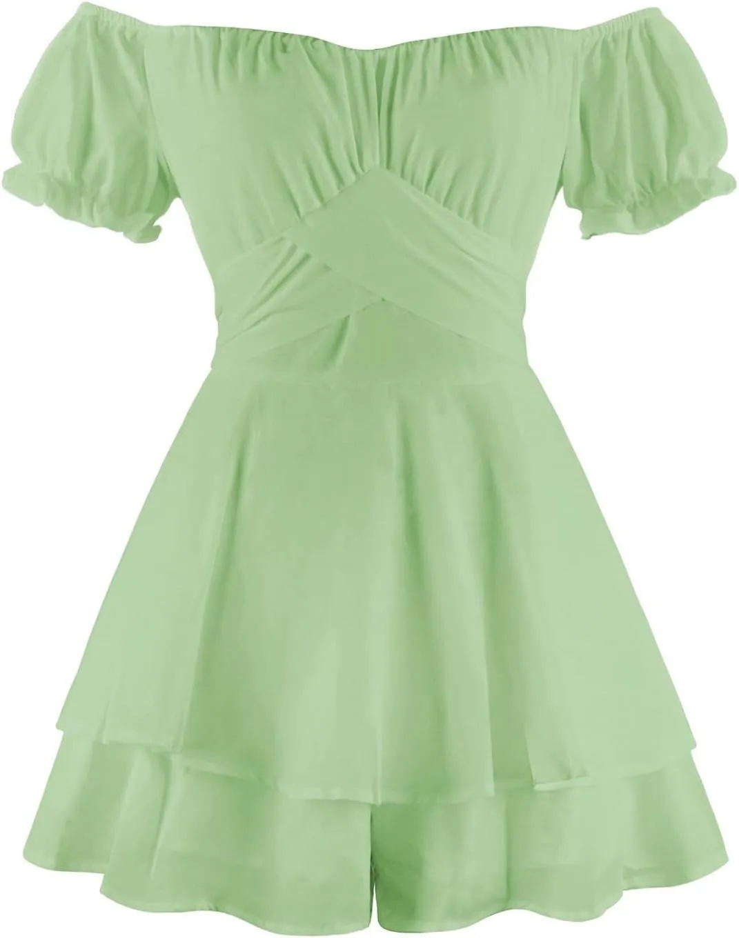 Romper for Women Tie Back Off Shoulder Wrap Layer Ruffle Short Sleeve Dress Solid Color Mini Jumpsuit Playsuits