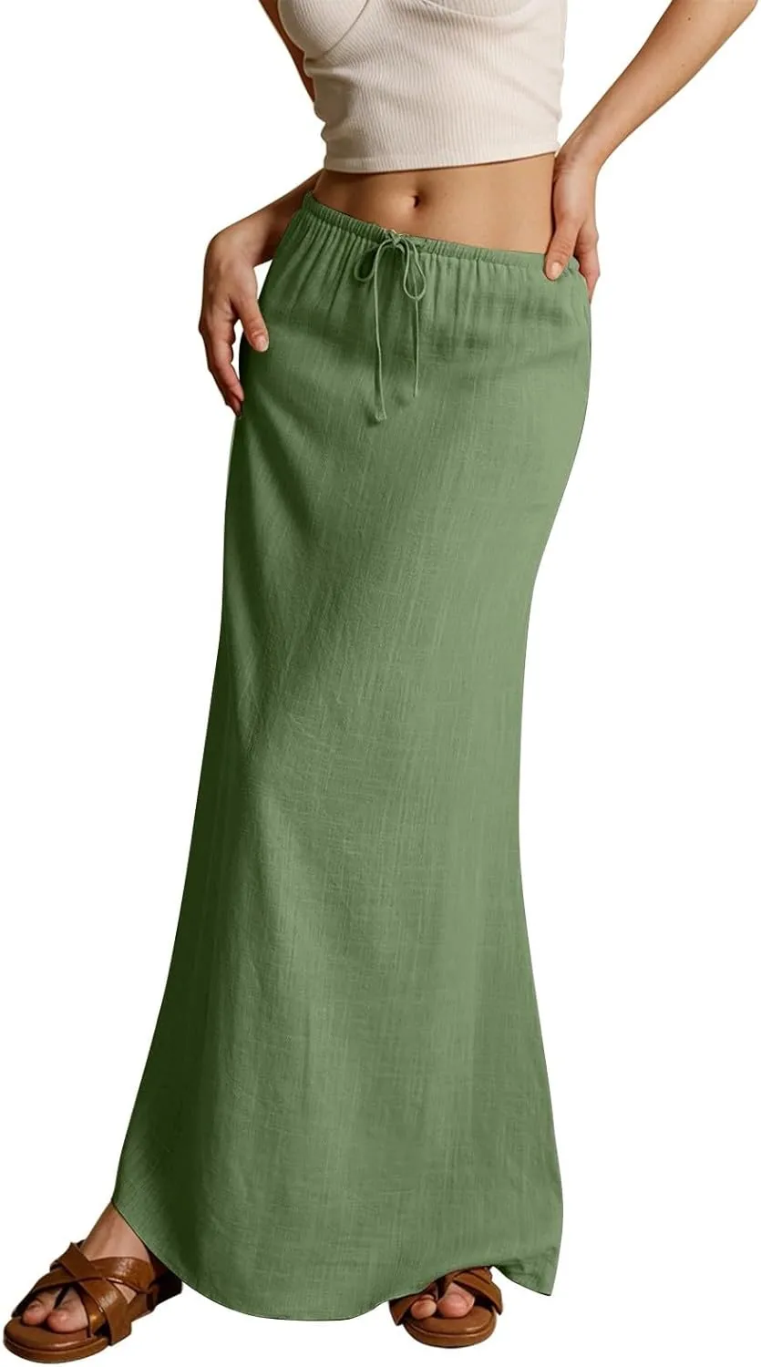 Rvidbe Linen Maxi Skirts for Women Summer Casual Vacation Boho Elastic Waist Drawstring Flared Flowy Ankle-Length Skirt