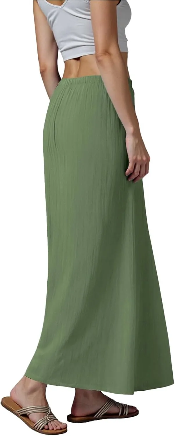 Rvidbe Linen Maxi Skirts for Women Summer Casual Vacation Boho Elastic Waist Drawstring Flared Flowy Ankle-Length Skirt