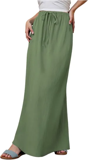 Rvidbe Linen Maxi Skirts for Women Summer Casual Vacation Boho Elastic Waist Drawstring Flared Flowy Ankle-Length Skirt