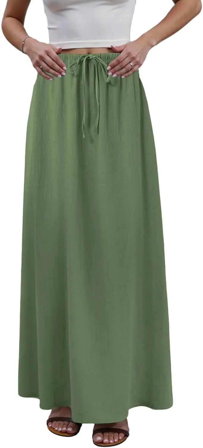 Rvidbe Linen Maxi Skirts for Women Summer Casual Vacation Boho Elastic Waist Drawstring Flared Flowy Ankle-Length Skirt