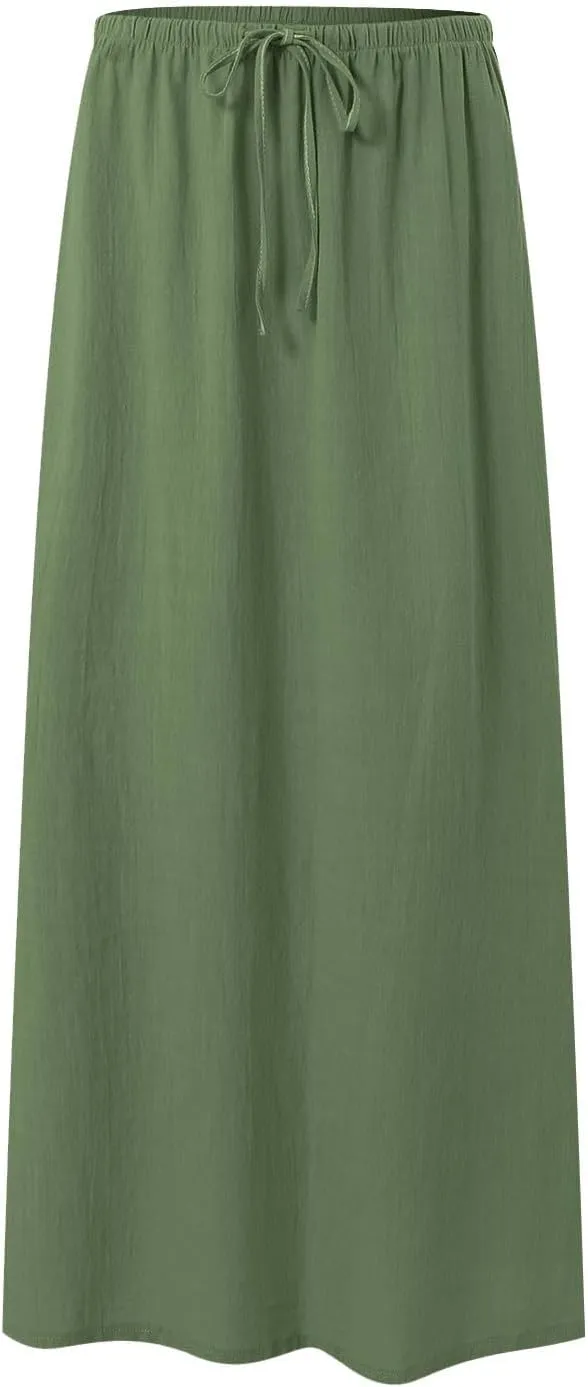 Rvidbe Linen Maxi Skirts for Women Summer Casual Vacation Boho Elastic Waist Drawstring Flared Flowy Ankle-Length Skirt